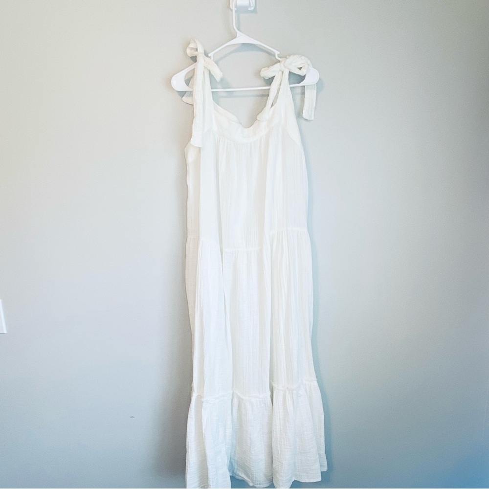 Madewell Cream Linen Maxi Dress with bow ties on shoulder - Picture 5 of 5